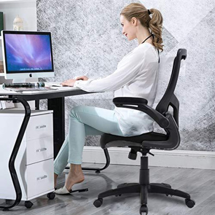 Home Office Chair Mesh Desk Chair Computer Chair with Lumbar Support Flip Up Arms Ergonomic Chair Adjustable Swivel Rolling Executive Mid Back Task Chair for Women Adults, Black