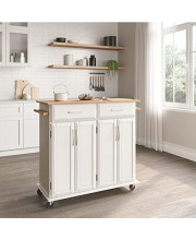 BELLEZE Modern Rolling Kitchen Island Utility Cart with Two Drawers, Storage Cabinets, Handle Towel Racks, Rubber Wood Top, and Caster Wheels - Baldy (White)