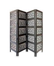 The Urban Port Four Panel Mango Wood Room Divider with Traditional Carvings, Black and White