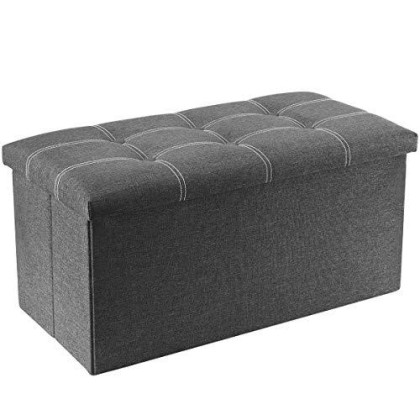 YOUDENOVA 30 inches Storage Ottoman Bench, Foldable Footrest Shoe Bench with 80L Storage Space, End of Bed Storage Seat, Support 350lbs, Linen Fabric Grey