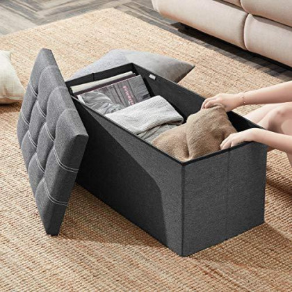 YOUDENOVA 30 inches Storage Ottoman Bench, Foldable Footrest Shoe Bench with 80L Storage Space, End of Bed Storage Seat, Support 350lbs, Linen Fabric Grey