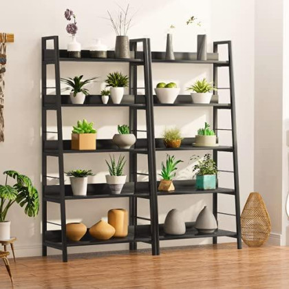 HIMIMI Black Ladder Bookshelf, 5 Shelf Bookcase Industrial Bookshelf Wood and Metal Bookshelves, Plant Flower Stand Rack Book Storage Shelves for Living Room, Bedroom, Home Office