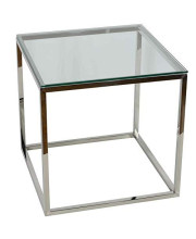 Cortesi Home Kent End Table, 22" Square, Silver Stainless Steel with Glass Top