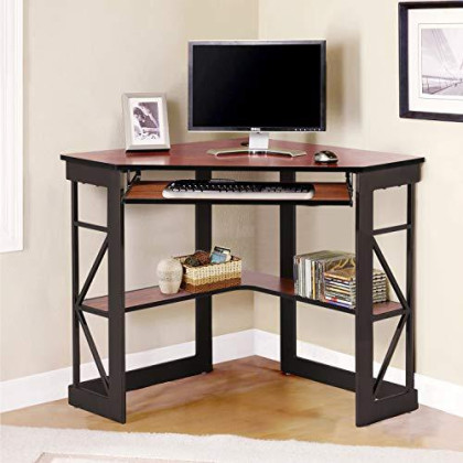 VECELO Corner Computer Desk Writing Smooth Keyboard Tray & Storage Shelves, Compact Home Office Table,Teak