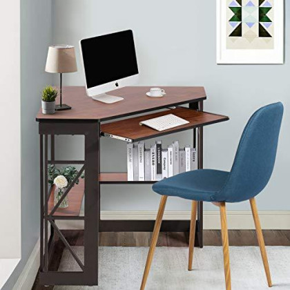 VECELO Corner Computer Desk Writing Smooth Keyboard Tray & Storage Shelves, Compact Home Office Table,Teak