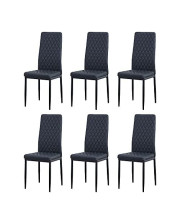 Set of 6 Leather Dining Chairs Set, with Upholstered Cushion & High Back, Powder Coated Metal Legs, Rhombus Pattern Seats, Household Home Kitchen Living Room Bedroom (Black)
