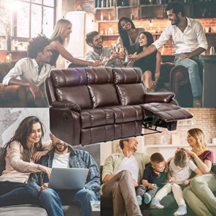 Recliner Chair Leather Sofa Recliner Couch Manual Reclining Home Theater Seating Manual Recliner Motion for Living Room Furniture (Three Seat, Brown)