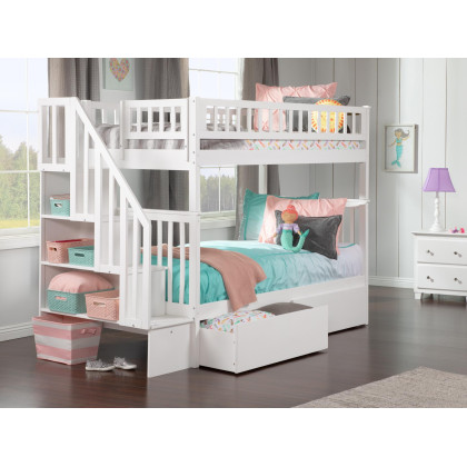 Woodland Staircase Bunk Bed Twin over Twin with Urban Bed Drawers in White