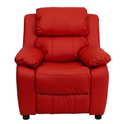 Personalized Deluxe Padded Red Vinyl Kids Recliner with Storage Arms - BT-7985-KID-RED-TXTEMB-GG