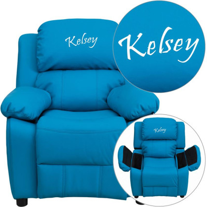 Personalized Deluxe Padded Turquoise Vinyl Kids Recliner with Storage Arms - BT-7985-KID-TURQ-TXTEMB-GG
