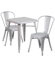 23.75'' Square Silver Metal Indoor-Outdoor Table Set with 2 Stack Chairs - CH-31330-2-30-SIL-GG