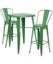 23.75'' Square Green Metal Indoor-Outdoor Bar Table Set with 2 Stools with Backs - CH-31330B-2-30GB-GN-GG