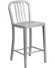 24'' High Silver Metal Indoor-Outdoor Counter Height Stool with Vertical Slat Back - CH-61200-24-SIL-GG