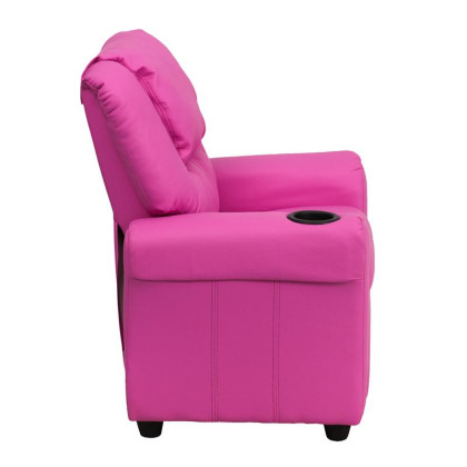 Contemporary Hot Pink Vinyl Kids Recliner with Cup Holder and Headrest - DG-ULT-KID-HOT-PINK-GG