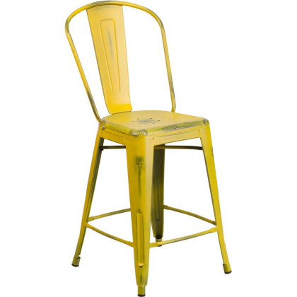 24'' High Distressed Yellow Metal Indoor-Outdoor Counter Height Stool with Back - ET-3534-24-YL-GG
