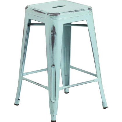 24'' High Backless Distressed Green-Blue Metal Indoor-Outdoor Counter Height Stool - ET-BT3503-24-DB-GG