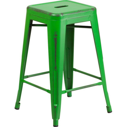 24'' High Backless Distressed Green Metal Indoor-Outdoor Counter Height Stool - ET-BT3503-24-GN-GG