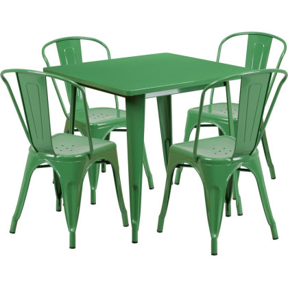 31.5'' Square Green Metal Indoor-Outdoor Table Set with 4 Stack Chairs - ET-CT002-4-30-GN-GG