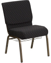 HERCULES Series 21''W Church Chair in Black Dot Patterned Fabric with Cup Book Rack - Gold Vein Frame - FD-CH0221-4-GV-S0806-BAS-GG