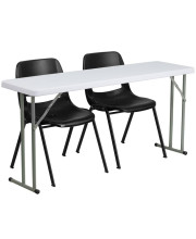 18'' x 60'' Plastic Folding Training Table Set with 2 Black Plastic Stack Chairs - RB-1860-2-GG