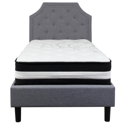 Brighton Twin Size Tufted Upholstered Platform Bed in Light Gray Fabric with Pocket Spring Mattress
