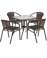 28'' Square Glass Metal Table with Dark Brown Rattan Edging and 4 Dark Brown Rattan Stack Chairs - TLH-073SQ-037BN4-GG