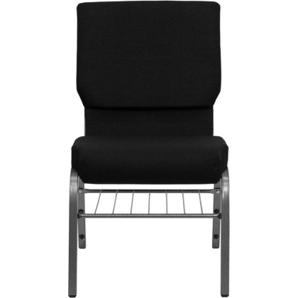 HERCULES Series 18.5''W Church Chair in Black Fabric with Book Rack - Silver Vein Frame - XU-CH-60096-BK-SV-BAS-GG