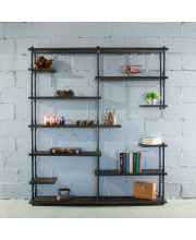 Nashville Industrial Mid-Century 64-Inch Wide Large Open Etagere 11-Shelf Pipe Bookcase Metal With Reclaimed Wood Finish - MOO1-BL/BL/BL