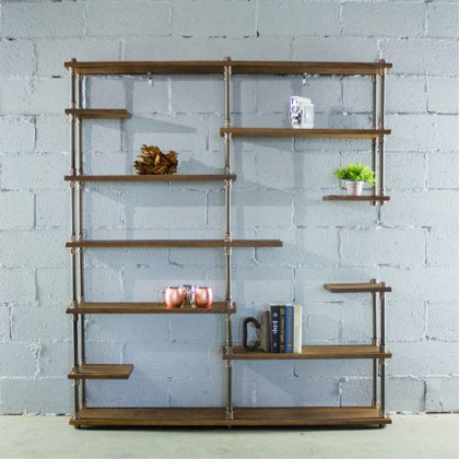 Nashville Industrial Mid-Century 64-Inch Wide Large Open Etagere 11-Shelf Pipe Bookcase Metal With Reclaimed Wood Finish - MOO1-BZ/BZ/BR