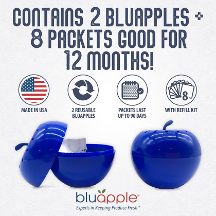 Bluapple Produce Saver Combo Pack - Keeps Fruits & Veggies Fresh in Refrigerator Crisper/Shelves, Lasts up to 3 Months, 8 Packets and 2 Bluapples for 1 Year, BPA Free Ethylene Gas Absorber, USA Made
