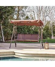 BELLEZE Outdoor Patio Swing Glider Bench with Adjustable Tilt Canopy, 3 Seater Backyard Porch Rocker, Weather Resistant Material, Steel Frame - Dark Brown