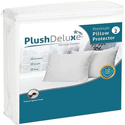 PlushDeluxe Premium Pillow Protector 100% Waterproof and Soft Cotton Terry (Set of 2) 10 Year Warranty (King)