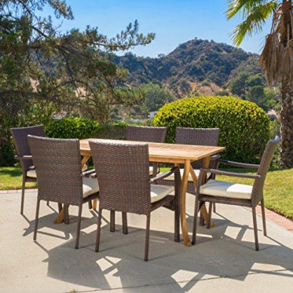 Caprise Outdoor Patio Furniture 7-Piece Dining Set (Wood Table w/Wicker Chairs)