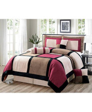 Grand Linen Oversize Burgundy/Brown/Black Comforter Set Micro Suede Patchwork Bed in A Bag (California) Cal King Size Bedding