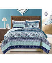 Grand Linen 3-Piece Fine Printed Oversize (100 X 95) Quilt Set Reversible Bedspread Coverlet Full/Queen Size Bed Cover (Navy Blue Paisley)