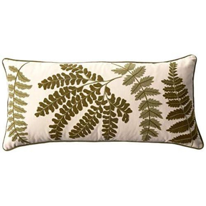 Creative Co-Op White Rectangle Cotton Pillow with Embroidered Green Ferns
