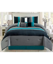 Grand Linen Modern 7 Piece Oversize Teal Blue/Grey/Black Pin Tuck Stripe Comforter Set Full Size Bedding with Accent Pillows