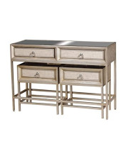 Deco 79 Wood Upholstered Front Panel 4 Drawer console Table with Mirrored Top and Ring Handles, Set of 3 45W, 32H, Silver