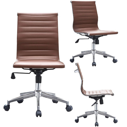 2xhome - Brown- Modern Mid Back Office Chair Armless Ribbed PU Leather Swivel Tilt Adjustable Chair Designer Boss Executive Management Manager Office Conference Room Work Task Computer