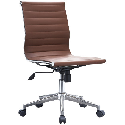 2xhome - Brown- Modern Mid Back Office Chair Armless Ribbed PU Leather Swivel Tilt Adjustable Chair Designer Boss Executive Management Manager Office Conference Room Work Task Computer