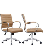 2xhome - Set of Two (2) - Tan - Modern Mid Back Ribbed PU Leather Swivel Tilt Adjustable chair Designer Boss Executive Management Manager Office conference Room Work Task computer