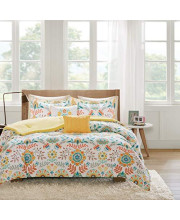 5 Piece Girls Summer Time Flower Theme Comforter Full Queen Set, Beautiful Bright All Over Geometric Floral Medallion Bedding, Girly Garden Inspired Flowers Themed Pattern, Orange Yellow Blue White