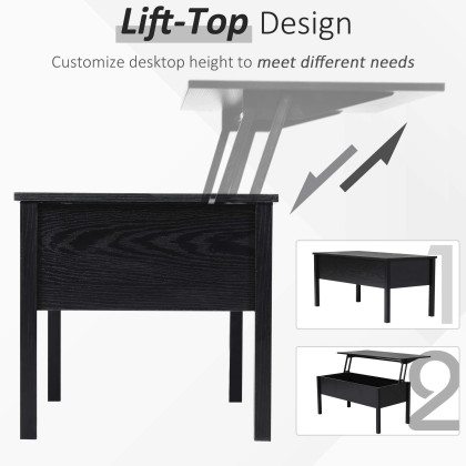 HOMCOM 39" Modern Lift Top Coffee Table Desk with Hidden Storage Compartment for Living Room, Black Woodgrain