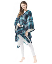 Beautyrest Reversible Sherpa to Fleece Electric Wrap Poncho Blanket Shawl Wearable, Auto Shut Off, Virtually Zero EMF, Multi Heat Setting, UL certified, Machine Washable, Aqua Plaid 50 x 64