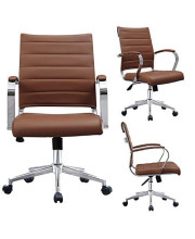 2xhome - Brown- Modern Mid Back Ribbed PU Leather Swivel Tilt Adjustable Chair Designer Boss Executive Management Manager Office Chair Conference Room Work Task Computer