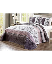 3-Piece Oversize (100 X 95) Fine Printed Prewashed Quilt Set Reversible Bedspread Coverlet Full/Queen Size All-Season Bed Cover (Purple. Grey, Brown, White, Floral)