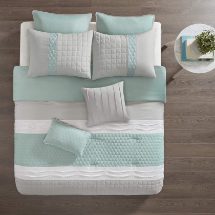 510 DESIGN Cozy Comforter Set - Geometric Honeycomb Design, All Season Down Alternative Casual Bedding with Matching Shams, Decorative Pillows, Cal King(104"x92"), Seafoam/Grey 8 Piece