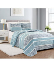Reversible Paisley Striped Bedspread. Full/Queen Size Quilt with 2 Shams. 3-Piece Reversible All Season Quilt Set. Sky Blue Quilt Coverlet Bed Set. Kadi Collection.