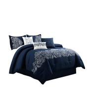 Chezmoi Collection Linz 7-Piece Paisley Floral Scroll Embroidered Comforter Set (California King, Navy)