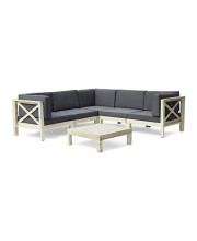 Christopher Knight Home Keith Outdoor Acacia Wood 5 Seater Sectional Sofa Set with Coffee Table, Weathered Gray and Dark Gray